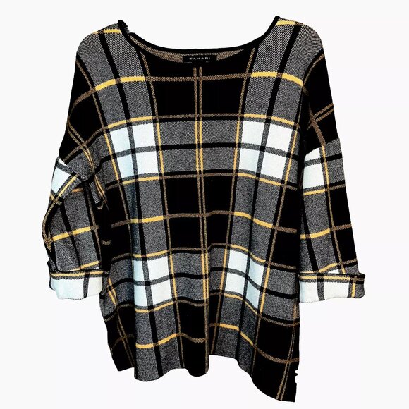 Tahari Plaid Sweater Round Neck Cuffed Sleeves Soft Luxury Designer Sweater 1X - Picture 1 of 4
